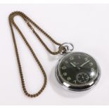 Services open face pocket watch, the signed black dial with green Arabic numerals and subsidiary