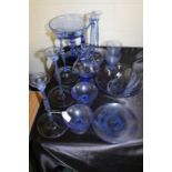 Collection of light blue glassware, to include side plates, candlesticks, wine glasses etc. (qty)