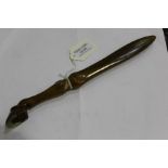 Carved wooden letter knife/ letter opener, the handle carved as a horses hoof with white metal shoe,