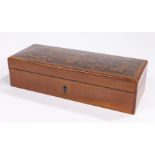 19th Century Continental marquetry inlaid glove box, the hinged lid with depcition of a bird in a