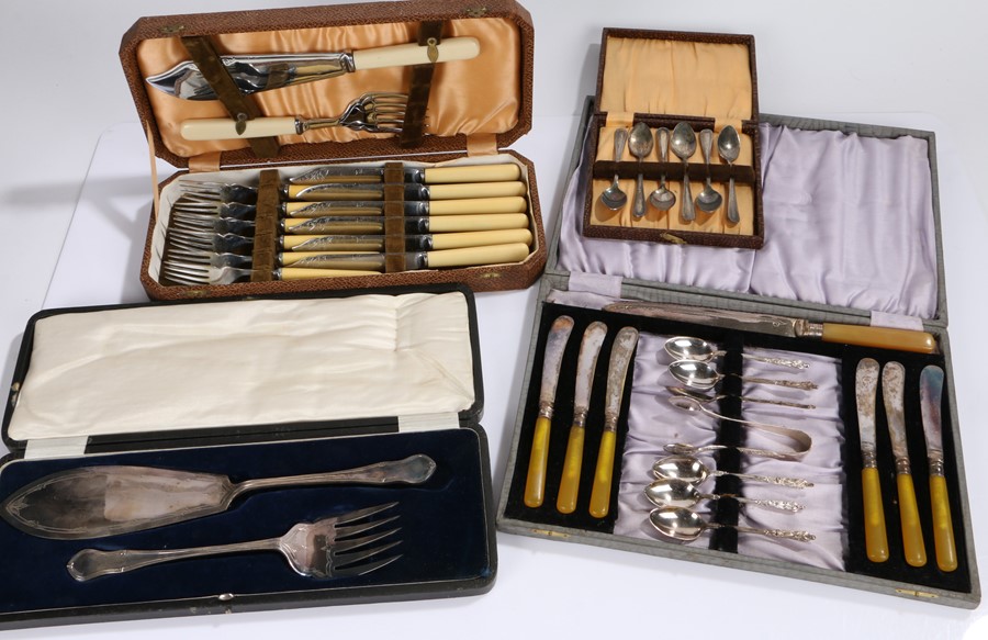 Cased plated sets, to include tea knives and spoons, fish knives and forks, fish servers, apostle
