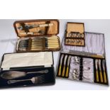 Cased plated sets, to include tea knives and spoons, fish knives and forks, fish servers, apostle