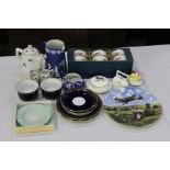 Collection of decorative porcelain to include Wedgwood jasperware milk jug and larger jug, Lloyd's