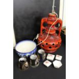 20th Century ceramic table lamp in red, together with a Minton bowl, three commemorative mugs and