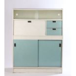Mid 20th century kitchen cabinet, with two sliding glass doors above a fall front cupboard and two