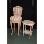 Limed oak high/counter chair, the arched foliate back with chequer pad above a circular stuff over