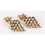 Pair of 9 carat gold earrings, each formed from gold links in a diamond pattern, 3.2g