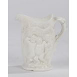 19th Century milk glass jug, with three drunk Fauns walking in a forest of grapes, to one side,