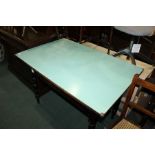 Painted pine dining table, the turquoise melamine top on a black painted frame with frieze drawer