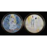 Pair of circular watercolours depicting courting couple, unsigned, housed in glazed gilt and