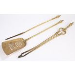 Set of three George III style fire irons, with a shovel, poker and tongs, the tongs 66cm long, (3)