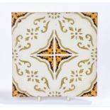 20th Century tile, with central yellow, black and gilt pattern, 20cm square
