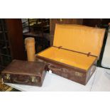 Leather flask case, a leather suit case and another case, (3)