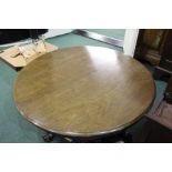 Victorian mahogany breakfast table, the circular tilt top with blue painted frieze, on a gun