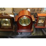 Mahogany cased mantel clock, simulated oak cased mantle clock, desk calendar (3)
