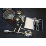 Plated ware, to include cake forks, basting spoon, egg cup, copper funnel and beaker (qty)