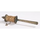 Tibetan Buddhist prayer wheel, with a final top above the body and tapering handle, 22.5cm long