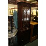 Mahogany veneered display cabinet, with astragal glazed door opening to reveal glass shelves and