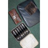 Blue leather stationery case, brown leather purse, brown leather folding wallet, cased set of six