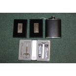 Collection of silver plated gents items, to include a flask, shaving kit and two money clips (4)