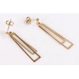Pair of 9 carat gold earrings, each with two hanging tapering rectangles, 1.6g