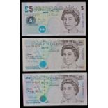 Bank of England, £5 banknotes, to include Gill, Kentfield and Bailey, (3)