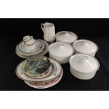 Set of four Royal Tuscan porcelain tureens and covers with gilt line decoration, decorative plates