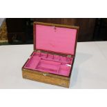 Victorian walnut and mother of pearl inlaid jewellery box, the puce interior with removable tray,