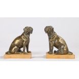 Pair of 19th Century bronze pugs, mounted on marble plinth bases, 11cm wide by 13cm high