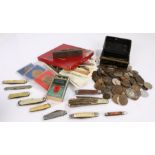 Coins, various denominations and countries, cigarette cards, penknives, spirit level (qty)