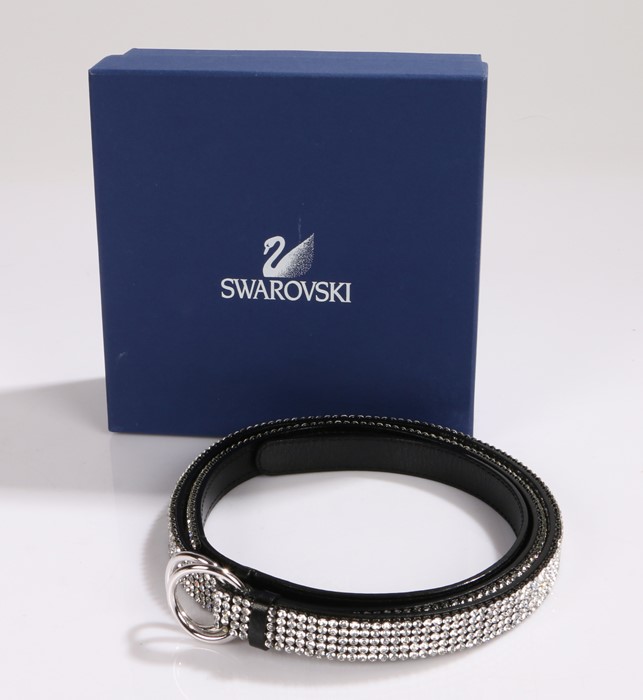 Swarovski black leather belt with crystal decoration, size small, 101cm long, housed in original