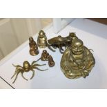 Collection of metal ware, to include brass buddhas, a bear, a spider, a lizard and an elephant, (