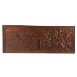 Nigerian carved panel, Iroko, carved as buildings and figures, 100cm wide