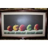 Print on canvas depicting five apples, housed in a canvas mount and gilt frame, the canvas 90.5cm