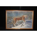 Rega (20th Century) Tiger by snowy lakeside acrylic on canvas framed 75cm x 50cm