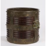 Unusual 19th Century brassbound and hardwood bucket, with brass straps and mask mounds to the ribbed