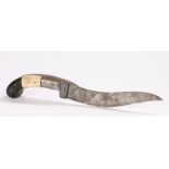 19th Century pesh kabz Islamic dagger, with bone inlaid handle and foliate blade, 32cm long