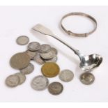William IV silver mustard spoon, silver bangle, collection of pre 1920 and later three pence