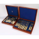 Fish knives and forks, housed in a mahogany canteen box, another canteen box containing a collection