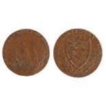 British Token, copper Halfpenny, Richard Long, obverse ship under sail right, THE GUARD & GLORY OF