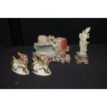Chinese soap stone carving, with monkeys around three vases, together with a standing figure and a