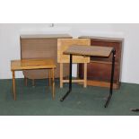 Drop leaf table, small shelves, pine table, school desk and a folding table, (5)
