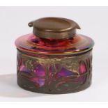 Loetz Art Nouveau glass inkwell, the red lustre glass body with hinged lid and overlaid pierced