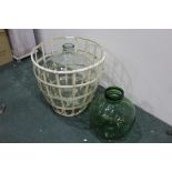 Clear glass carboy with white painted metal frame, green glass carboy (2)
