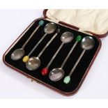 Set of six Edward VIII silver coffee spoons, Birmingham 1936, maker A J Bailey, with coloured coffee