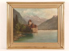 Monogrammist um 1900 - Das mittelalterliche Schloss Chillon am Genfersee, Öl auf Leinwand, rechts