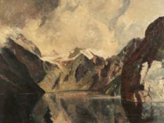 Grebe, Franz - "Bergsee", Öl auf Holzplatte, pastoser Farbauftrag, unten rechts signiert "Franz