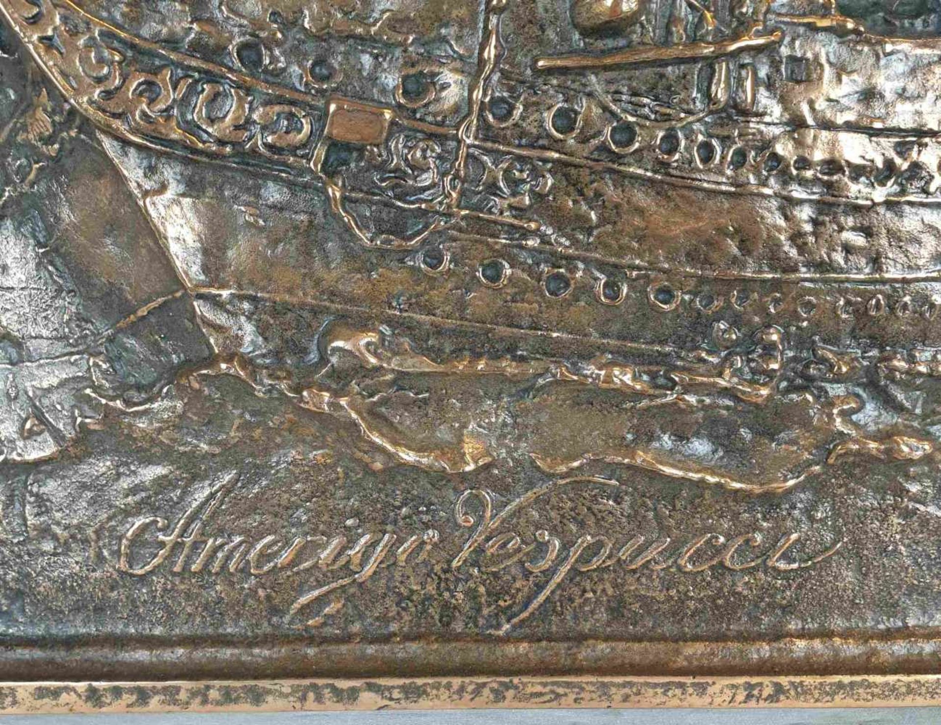 Bronzerelief "Amerigo Vespucci" - Bronze, patiniert, rückseitig Gießerstempel 'Gütezeichen Kunstguss - Image 4 of 5
