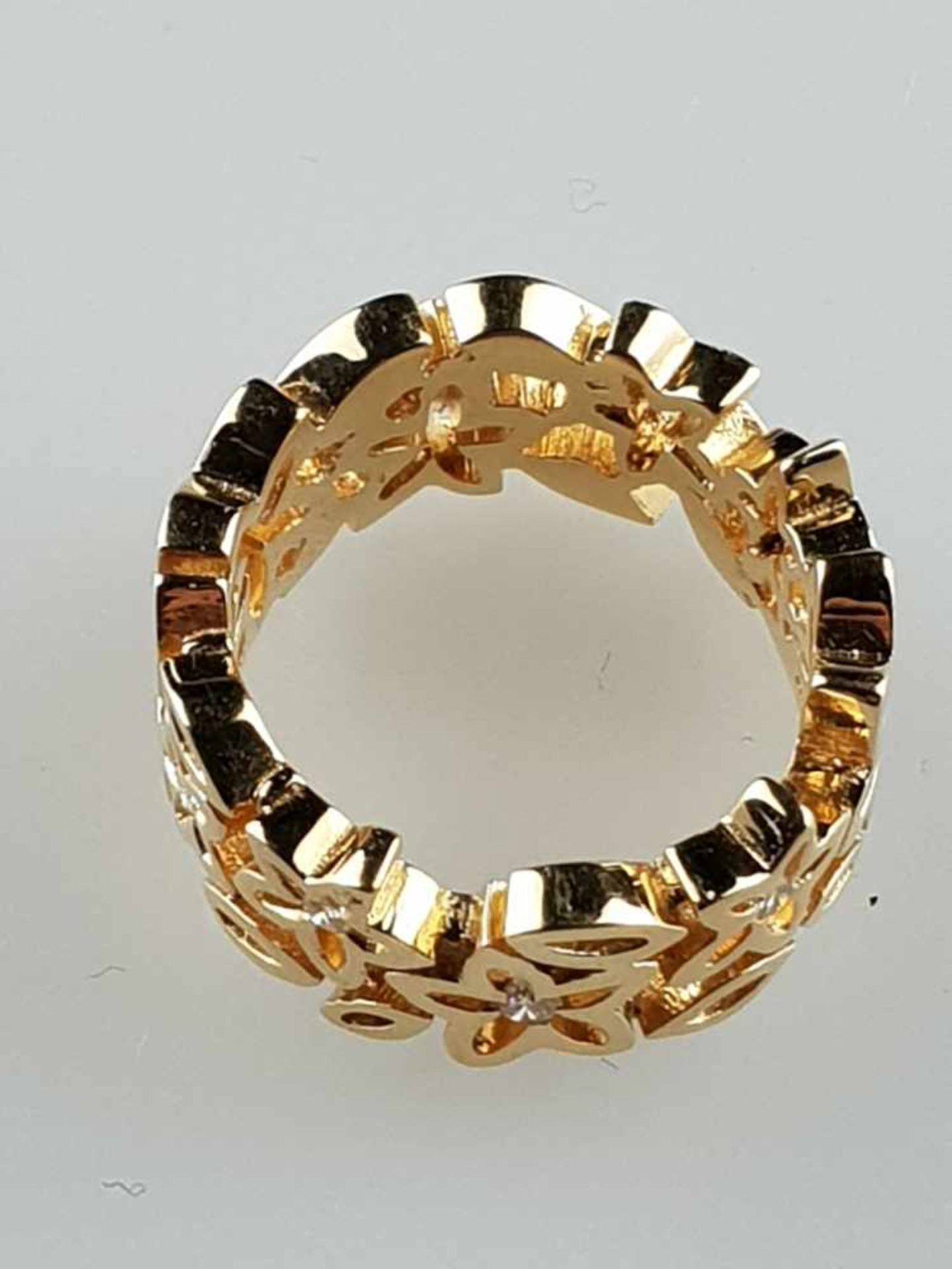 Bandring mit Diamanten - 18Kt.-Gelbgold 750, gitterdurchbrochener Reif mit 9 kleinen, in Blüten - Bild 3 aus 4
