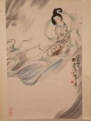 Rollbild - China 20.Jh., Tusche und Farben auf Papier, Mondgöttin Chang'e mit dem Jadekaninchen,